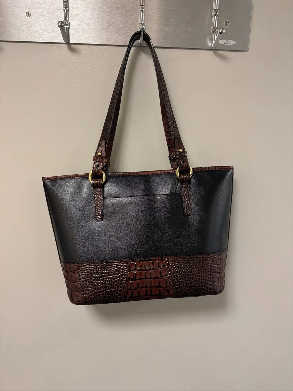 Brahmin Black and Brown Croc-Trim Shoulder Tote